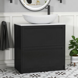Royal Bathrooms Royal Bathroom Elmore 800mm Matt Nocturne Black Freestanding Bathroom Vanity Unit 2 Drawer Plain White Worktop With Cesar Basin - thumbnail 1