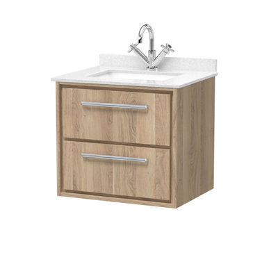 Hudson Reed Lille Wall Hung Two Drawer Contemporary Vanity Unit With Marble Top & Basin In Bleached Oak, 620 X 470mm - image 1