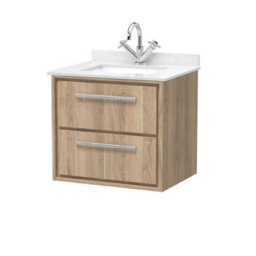 Hudson Reed Lille Wall Hung Two Drawer Contemporary Vanity Unit With Marble Top & Basin In Bleached Oak, 620 X 470mm