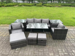 Fimous 8 Seater Rattan Outdoor Furniture Sofa Garden Dining Set With Dining Table Armchairs 2 Side Tables 3 Stools - thumbnail 2