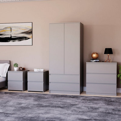 Lassic Vida Designs Denver 4 Piece Bedroom Set - (2 Drawer Large Bedside Chest X2, 3 Drawer Chest, 2 Door 2 Drawer Wardrobe), Grey - image 1