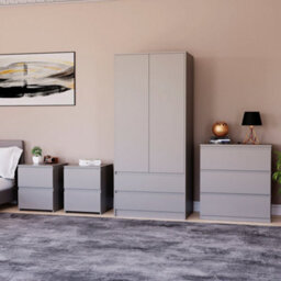 Lassic Vida Designs Denver 4 Piece Bedroom Set - (2 Drawer Large Bedside Chest X2, 3 Drawer Chest, 2 Door 2 Drawer Wardrobe), Grey - thumbnail 1