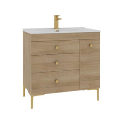 Royal Bathrooms Verona 800mm Natural Oak Floor Standing Vanity Unit 3 Drawer & Side Pull Out Storage Ceramic Basin - Brass Knob - thumbnail 6