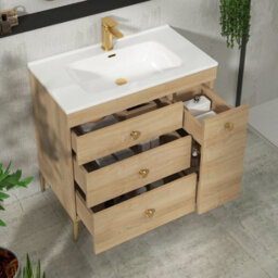 Royal Bathrooms Verona 800mm Natural Oak Floor Standing Vanity Unit 3 Drawer & Side Pull Out Storage Ceramic Basin - Brass Knob - thumbnail 5