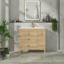 Royal Bathrooms Verona 800mm Natural Oak Floor Standing Vanity Unit 3 Drawer & Side Pull Out Storage Ceramic Basin - Brass Knob - thumbnail 4