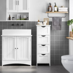 Songmics Bathroom Storage Cupboard Storage Cabinet Standing Wooden With 4 Drawers 30 X 30 X 82Cm White - thumbnail 2
