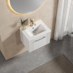 Balterley Belvide Partial Fluted 1 Drawer Wall Hung Vanity Unit With 1 Tap Hole Minimalist Basin - 500mm - Satin White - thumbnail 3