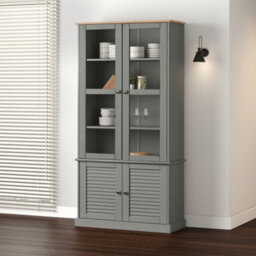 Berkfield Glass Display Cabinet Vigo Grey 85X35X170 Cm Solid Wood Pine - thumbnail 1