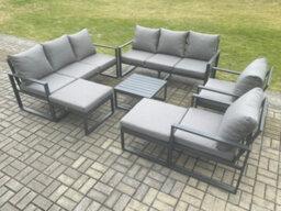 Fimous Aluminium Patio Outdoor Garden Furniture Lounge Sofa Set With Square Coffee Table 2 Chairs 2 Big Footstools Dark Grey - thumbnail 2