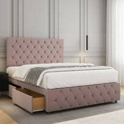 REGIONAL FURNISHINGS Divan Bed Set Luxury Pink Plush Velvet 24Inch Headboard & Footboard 2Drawersfootend & Mattress In 4Ft 4Ft6 5Ft 6Ft Sizes - thumbnail 1