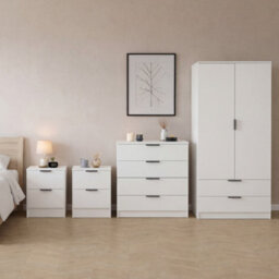 Lassic Vida Designs Trega 4 Piece Bedroom Set (2 Drawer Bedside Chest X2, 4 Drawer Chest, 2 Door 2 Drawer Wardrobe) White - thumbnail 1