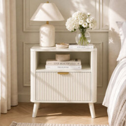 Abrihome Set Of 2 Fluted Bedside Tables With Drawer & Open Shelf, Rounded Corners, Cream White - thumbnail 9
