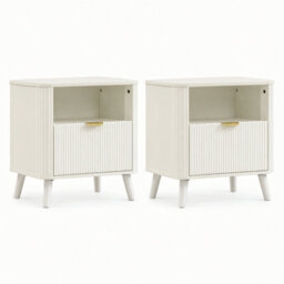 Abrihome Set Of 2 Fluted Bedside Tables With Drawer & Open Shelf, Rounded Corners, Cream White - thumbnail 8