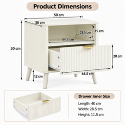Abrihome Set Of 2 Fluted Bedside Tables With Drawer & Open Shelf, Rounded Corners, Cream White - thumbnail 5