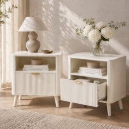 Abrihome Set Of 2 Fluted Bedside Tables With Drawer & Open Shelf, Rounded Corners, Cream White - thumbnail 1