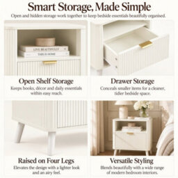 Abrihome Set Of 2 Fluted Bedside Tables With Drawer & Open Shelf, Rounded Corners, Cream White - thumbnail 3