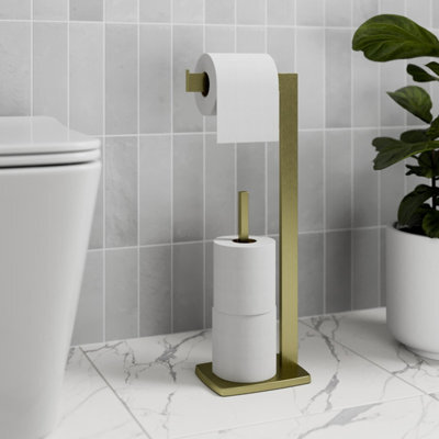 Aveli Brushed Brass Freestanding Toilet Roll Holder Square Modern Bathroom Accessories - image 1
