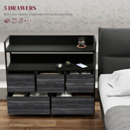 Homcom Bedroom Chest Of Drawers 5 Drawer Dresser W/ Shelves, Black - thumbnail 4