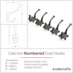 Oakcrafts - Antique Cast Iron Two Part Numbered 1-5 Coat Hooks 125mm - Pack Of 5 - thumbnail 2