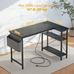 Bexevue Black Small L-Shaped Gaming Desk With Power Outlets, 100X70Cm Computer Desk Table And Reversible Storage Shelves - thumbnail 3