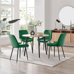 Furniturebox Uk Koko Oak Effect Round Dining Table & 4 Green Pesaro Black Leg Chairs