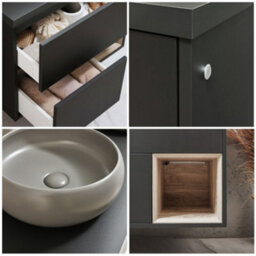 Homestylestore Black Grey 594mm Led Lit Wall Hung Bathroom Vanity Unit Round Pebble Countertop Basin Open Shelf - thumbnail 2