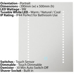 390 X 500mm Ip44 Led Bathroom Mirror With Demister And Shaver Socket - Adjustable White Light - thumbnail 3