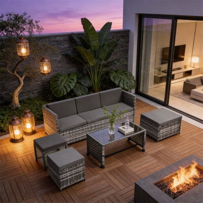 Fenchilin Garden Sofa Set Rattan Patio Furniture Sofa With Table, Stools Lounge Set Grey - image 1