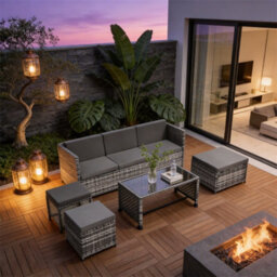 Fenchilin Garden Sofa Set Rattan Patio Furniture Sofa With Table, Stools Lounge Set Grey - thumbnail 1