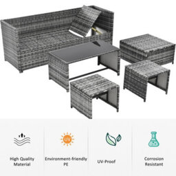 Fenchilin Garden Sofa Set Rattan Patio Furniture Sofa With Table, Stools Lounge Set Grey - thumbnail 4