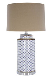 Orsina Blue And White Ceramic Table Lamp, Geometric Diamond Pattern Base With Grey Linen Shade,  Boutique Lighting - thumbnail 1