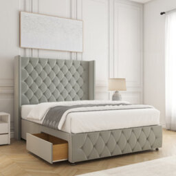 "Bsspoke Ruby Divan Bed Set In Silver Plush Velvet With 54"" Headboard & Footboard 2 Drawers Footend & No Mattress In All Sizes"