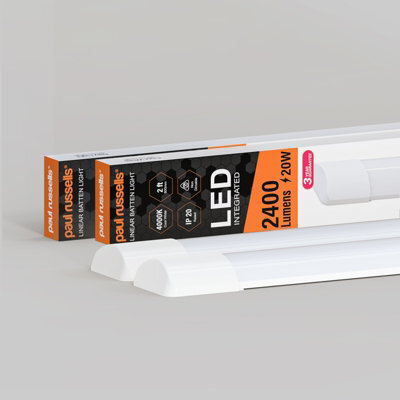 Paul Russells 2Ft Led Batten Tube Lights, 20W 2400 Lumens, Ip20, 4000K Cool White, Ultra Slim, Pack Of 2 - image 1