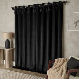 "Ohs Pair Of Bow Décor Velvet Eyelet Curtains Ready Made, Black - 66 X 90""" - thumbnail 2