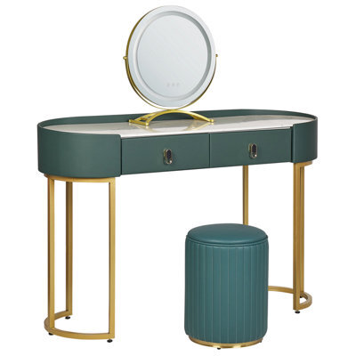 Beliani Dressing Table With Mirror And Stool Vinax Led Dark Green - image 1