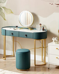 Beliani Dressing Table With Mirror And Stool Vinax Led Dark Green - thumbnail 2