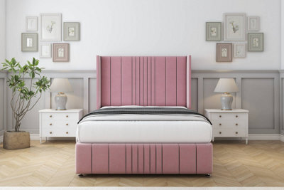 "Sloomy Hargrave Pink Plush Divan Bed Set No Drawers With 54"" Wingback & 12"" Footboard 3' Single" - image 1
