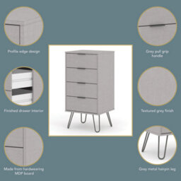 Core Products Augusta Grey Industrial 4 Drawer Narrow Chest H90.3Cm X W45.0Cm X D39.5Cm - thumbnail 3