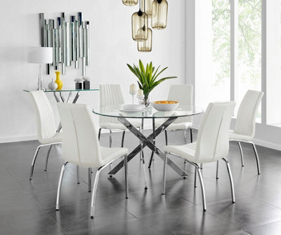 Furniturebox Uk Novara Chrome Metal And Glass Large Round Dining Table And 6 White Isco Chairs Set - image 1