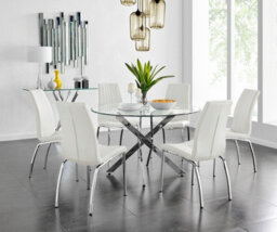 Furniturebox Uk Novara Chrome Metal And Glass Large Round Dining Table And 6 White Isco Chairs Set - thumbnail 1