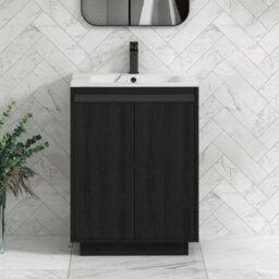 Royal Bathrooms Orion 600mm Floor Standing Vanity Unit 2 Drawer Hale Black With Carrara White Basin & Brushed Brass Accent Trim