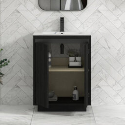 Royal Bathrooms Orion 600mm Floor Standing Vanity Unit 2 Drawer Hale Black With Carrara White Basin & Brushed Brass Accent Trim - thumbnail 5