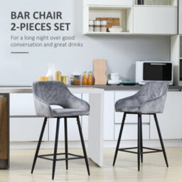 Homcom Bar Stools Set Of 2 Velvet-Touch Fabric Counter Bar Chairs Grey - thumbnail 4