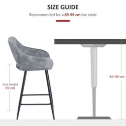 Homcom Bar Stools Set Of 2 Velvet-Touch Fabric Counter Bar Chairs Grey - thumbnail 7