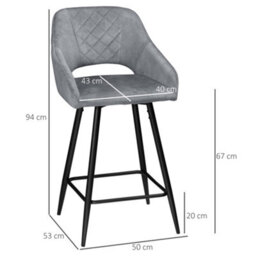 Homcom Bar Stools Set Of 2 Velvet-Touch Fabric Counter Bar Chairs Grey - thumbnail 3