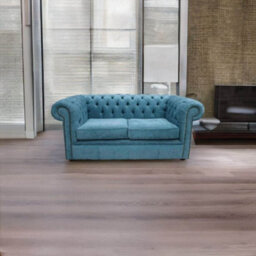 Chesterfield 2 Seater Scenario Kingfisher Blue Fabric Sofa Settee In Classic Style - thumbnail 2