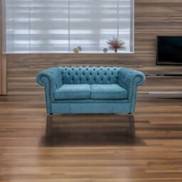 Chesterfield 2 Seater Scenario Kingfisher Blue Fabric Sofa Settee In Classic Style - thumbnail 4