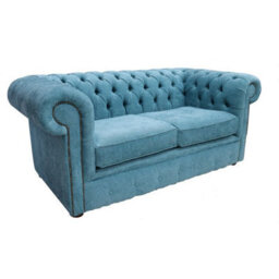 Chesterfield 2 Seater Scenario Kingfisher Blue Fabric Sofa Settee In Classic Style - thumbnail 3