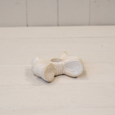 White Glazed Ceramic Double Bow Candle Holder - image 1