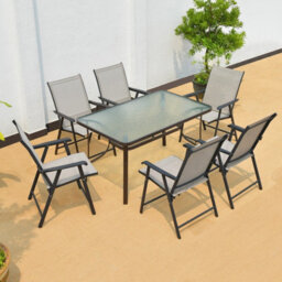 Breeins 7 Piece Outdoor Furniture Dining Set Tempered Glass Umbrella Table Folding Chairs For Patio Lounge Balcony 120Cm - thumbnail 2